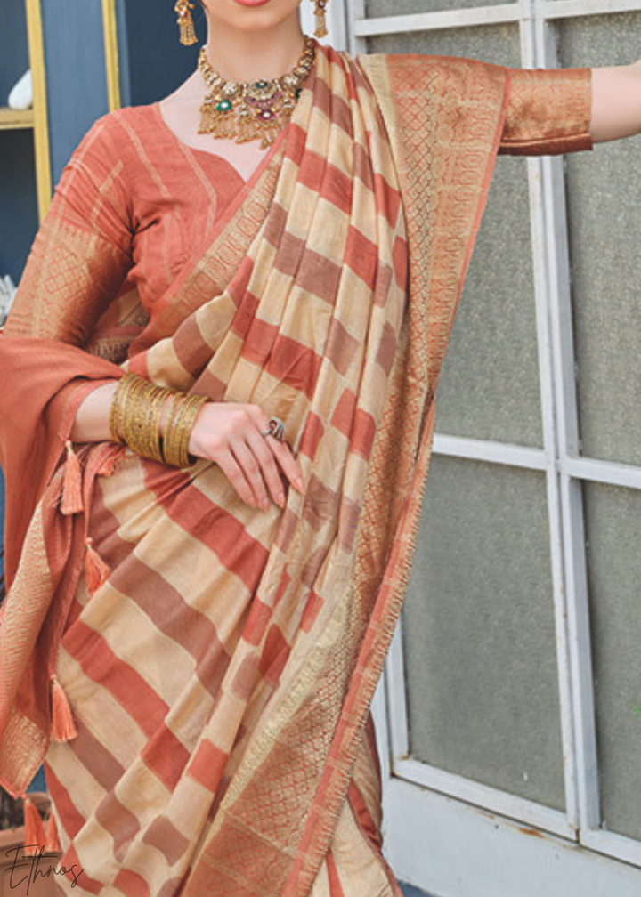 Rust-Embers Linear Geometric Poly-Viscose Silk Saree