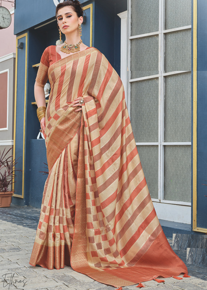 Rust-Embers Linear Geometric Poly-Viscose Silk Saree