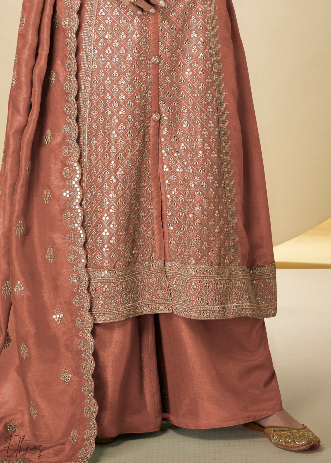 Rust Arabesque Embroidered Shimmer Silk Palazzo Suit
