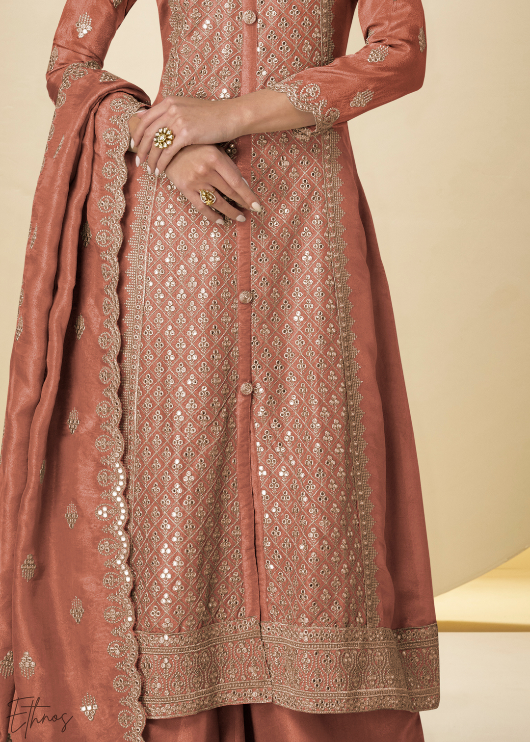 Rust Arabesque Embroidered Shimmer Silk Palazzo Suit