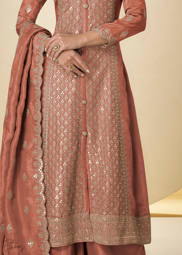 Rust Arabesque Embroidered Shimmer Silk Palazzo Suit