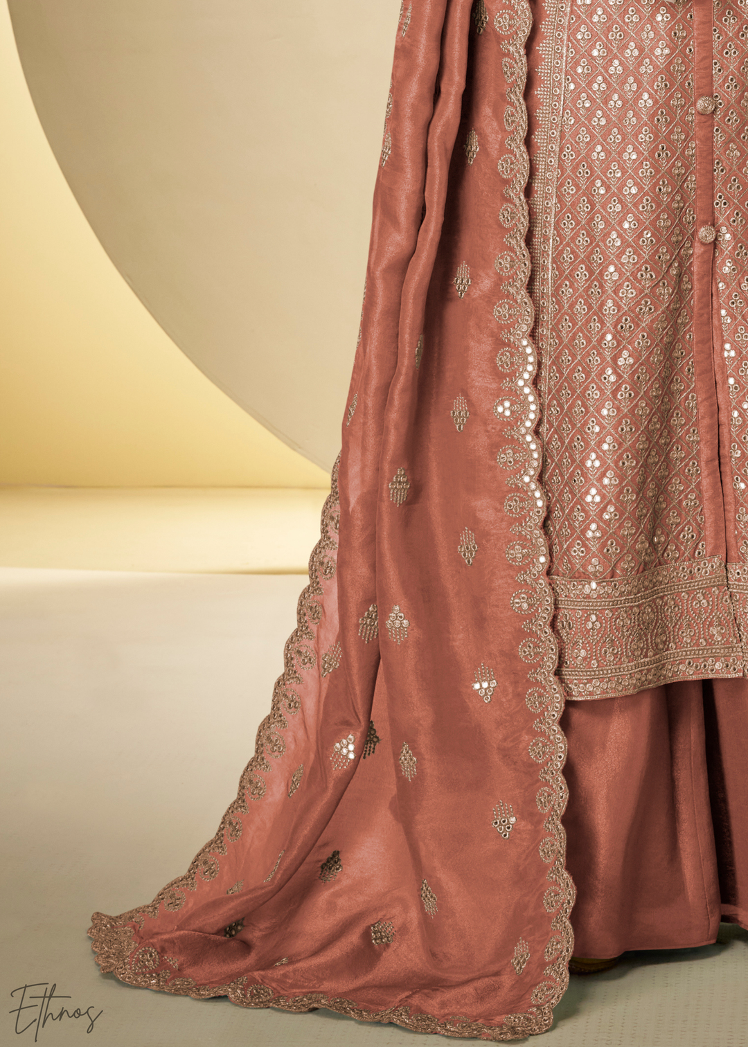 Rust Arabesque Embroidered Shimmer Silk Palazzo Suit