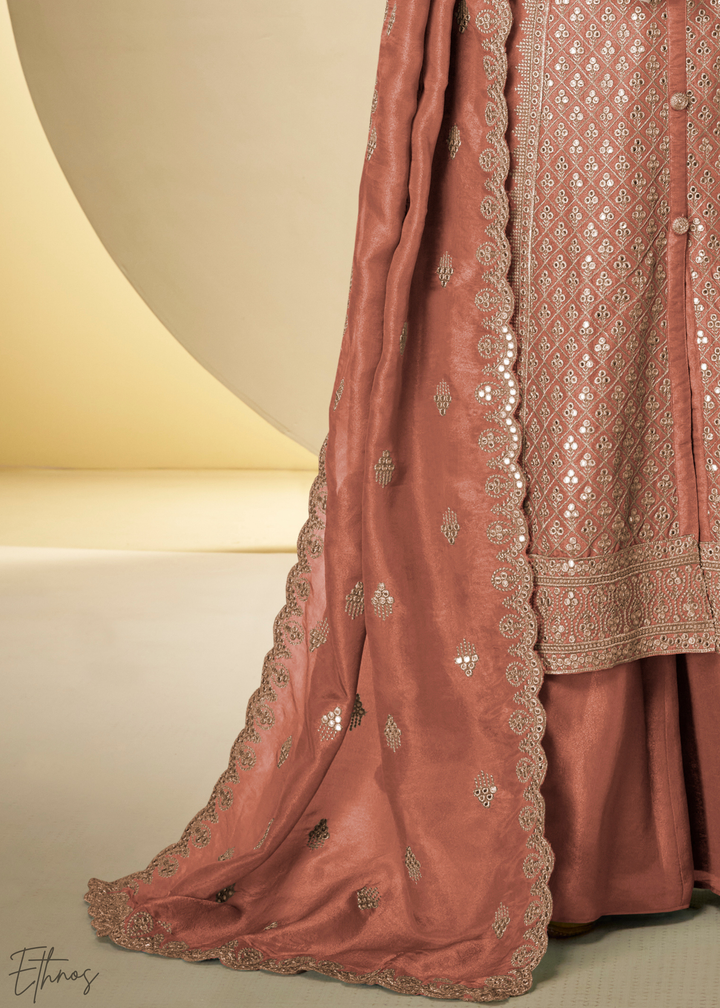 Rust Arabesque Embroidered Shimmer Silk Palazzo Suit