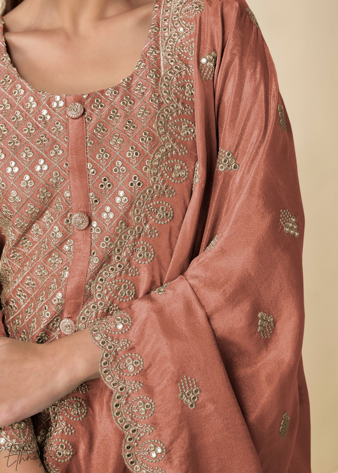 Rust Arabesque Embroidered Shimmer Silk Palazzo Suit