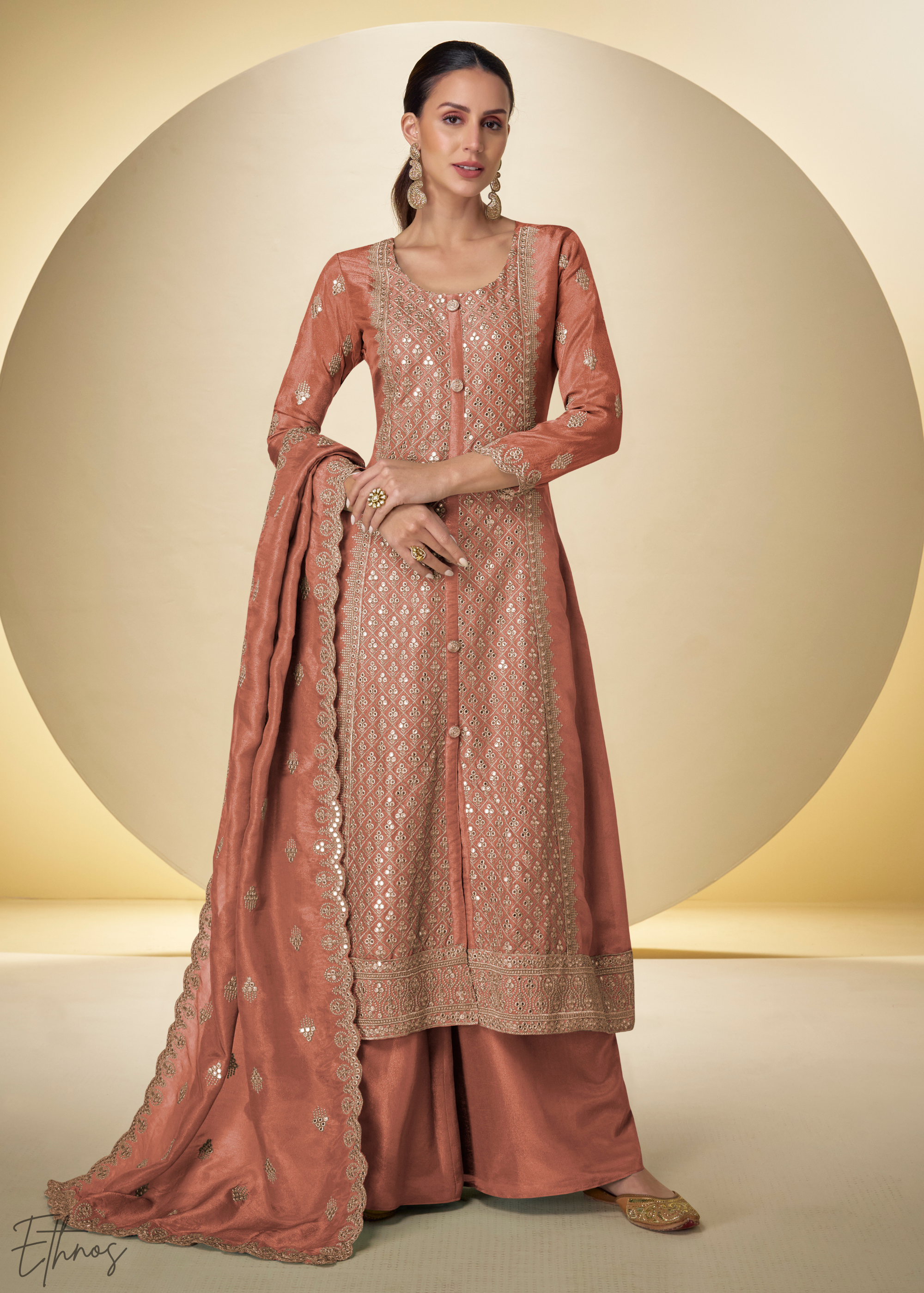Rust Arabesque Embroidered Shimmer Silk Palazzo Suit – Ethnos