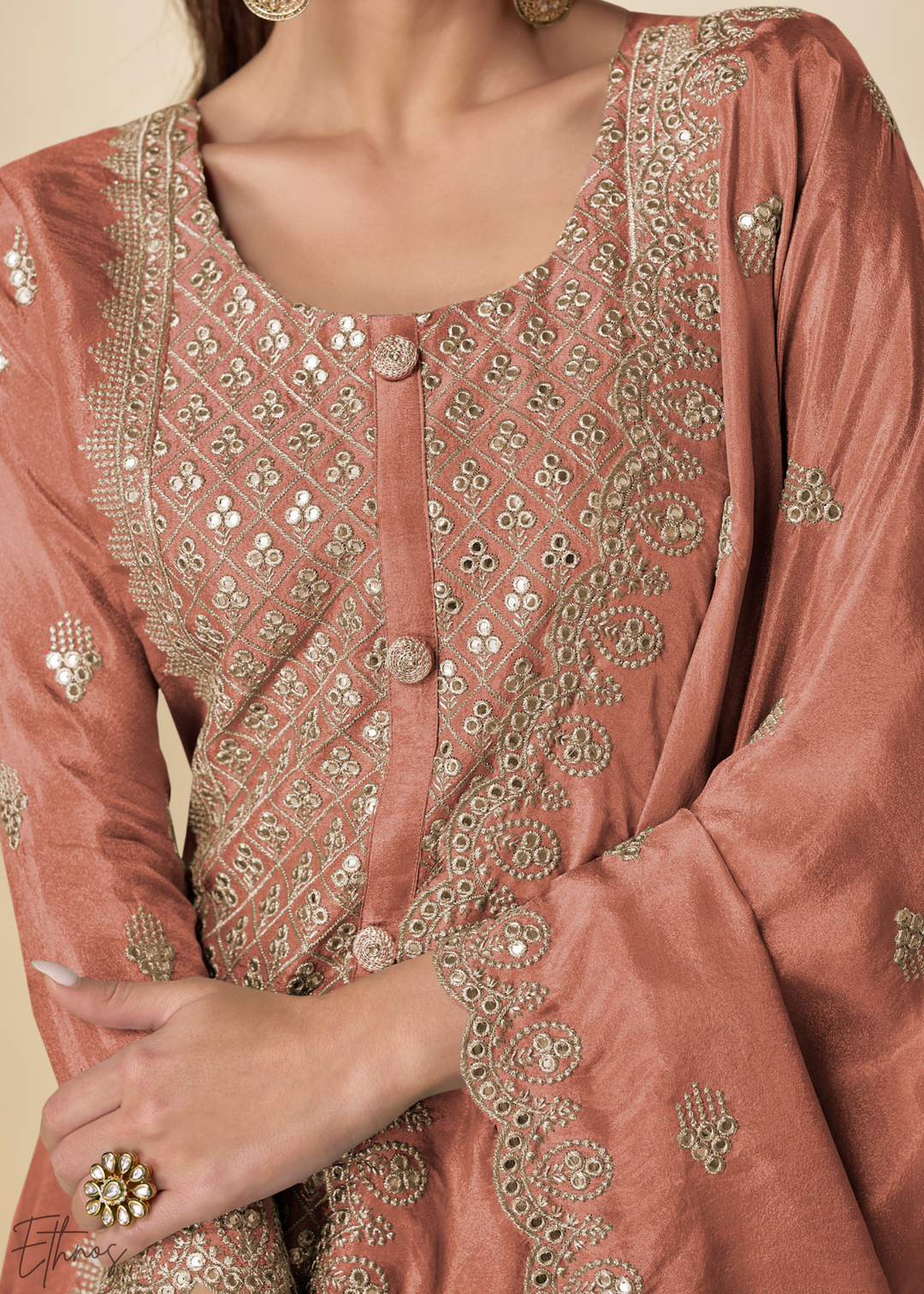 Rust Arabesque Embroidered Shimmer Silk Palazzo Suit