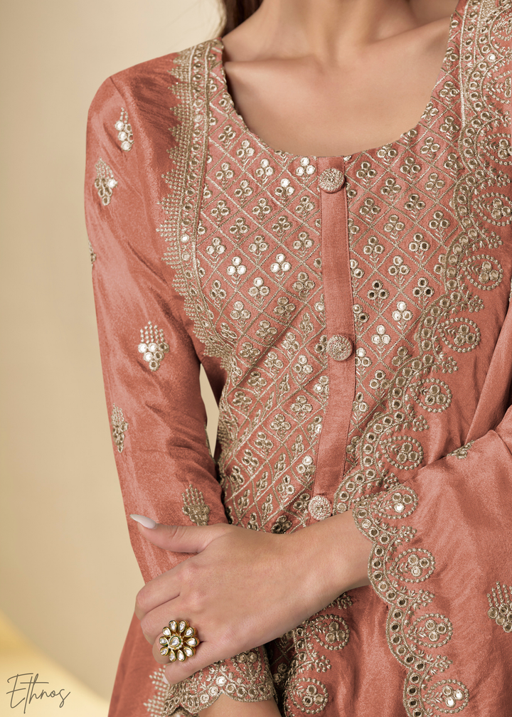 Rust Arabesque Embroidered Shimmer Silk Palazzo Suit