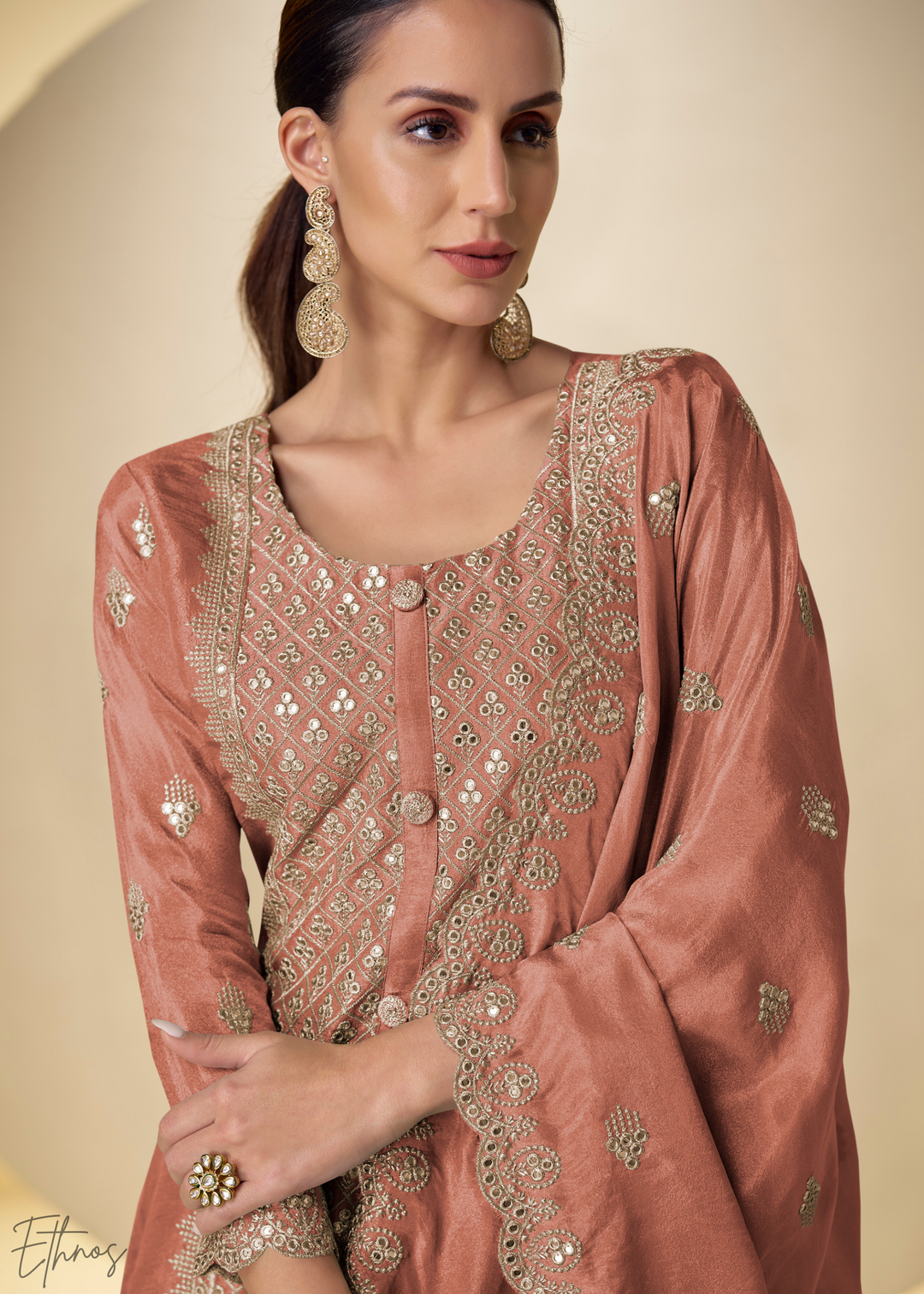 Rust Arabesque Embroidered Shimmer Silk Palazzo Suit
