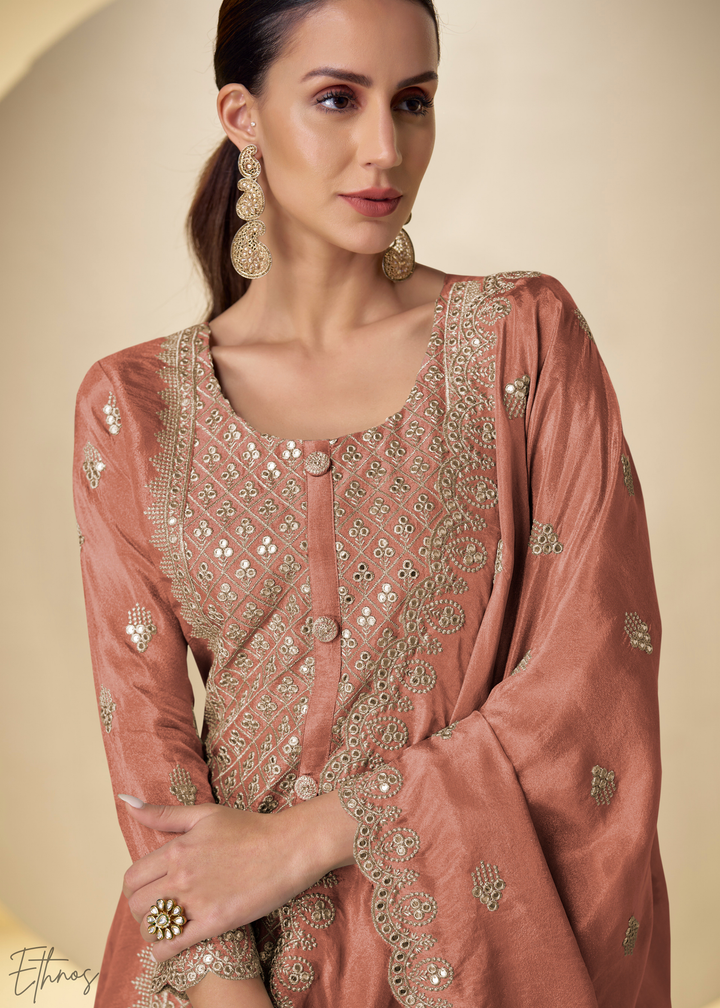 Rust Arabesque Embroidered Shimmer Silk Palazzo Suit