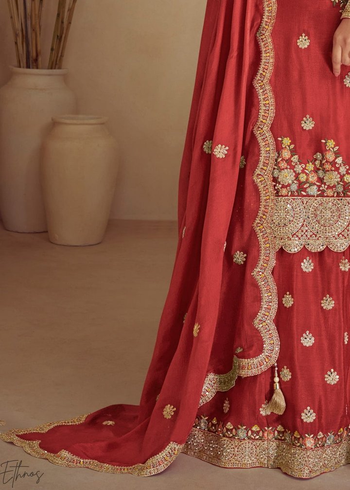 Rust Embroidered Chinon Palazzo Suit