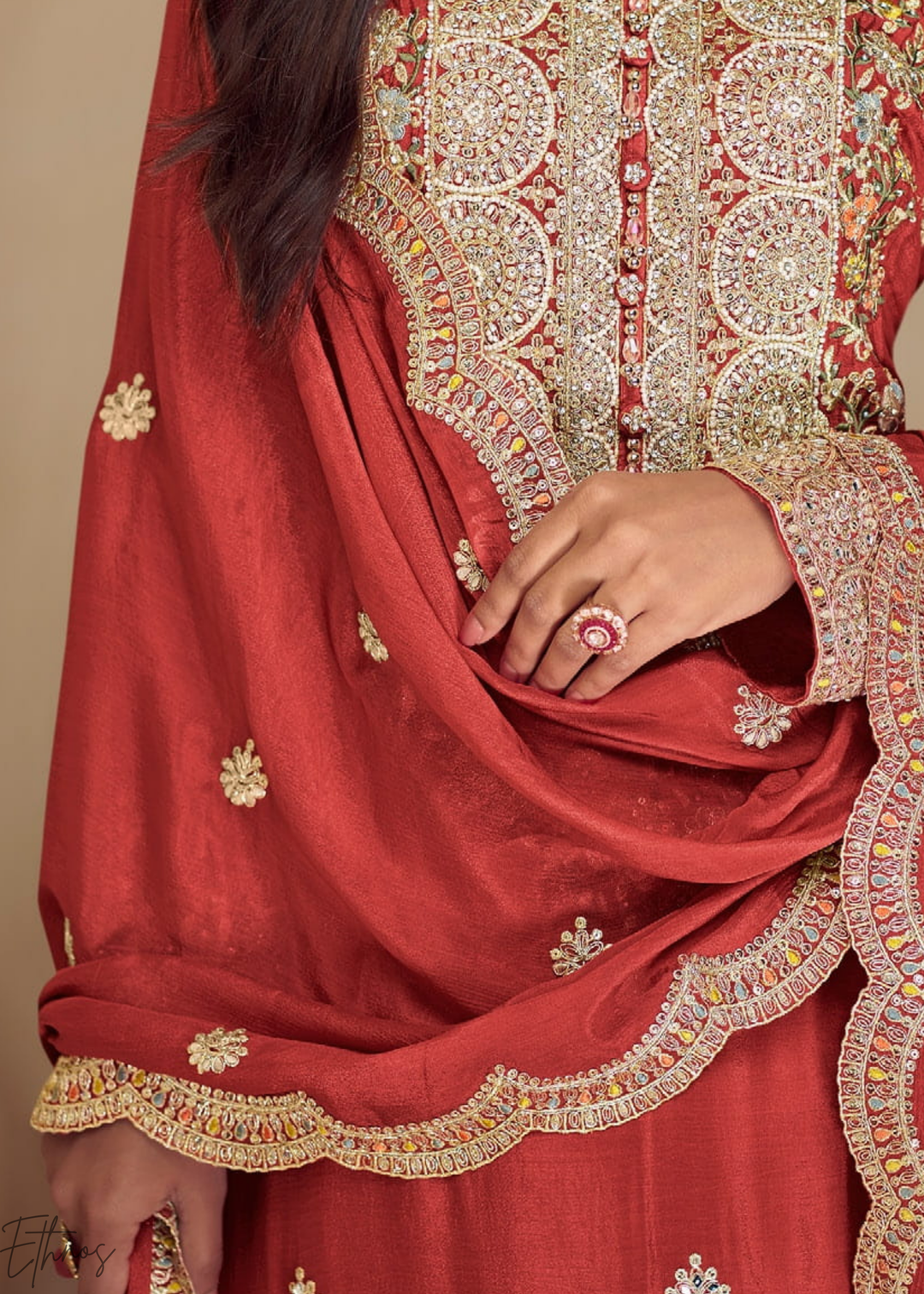 Rust Embroidered Chinon Palazzo Suit