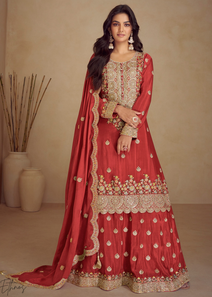 Rust Embroidered Chinon Palazzo Suit