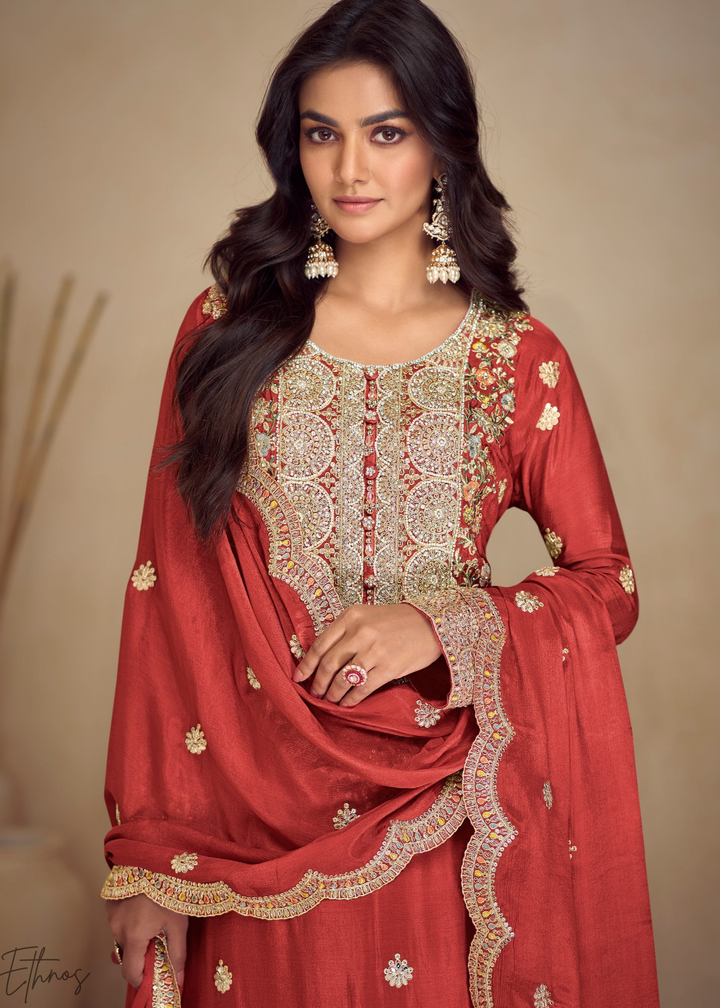 Rust Embroidered Chinon Palazzo Suit