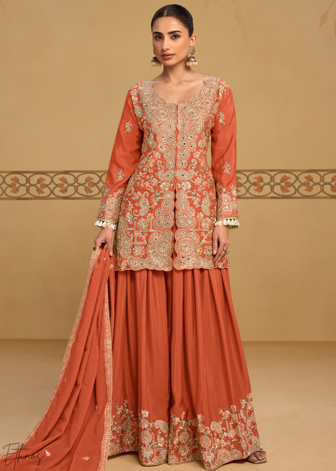 Rust Foliage Filigree Chinon Sharara Suit