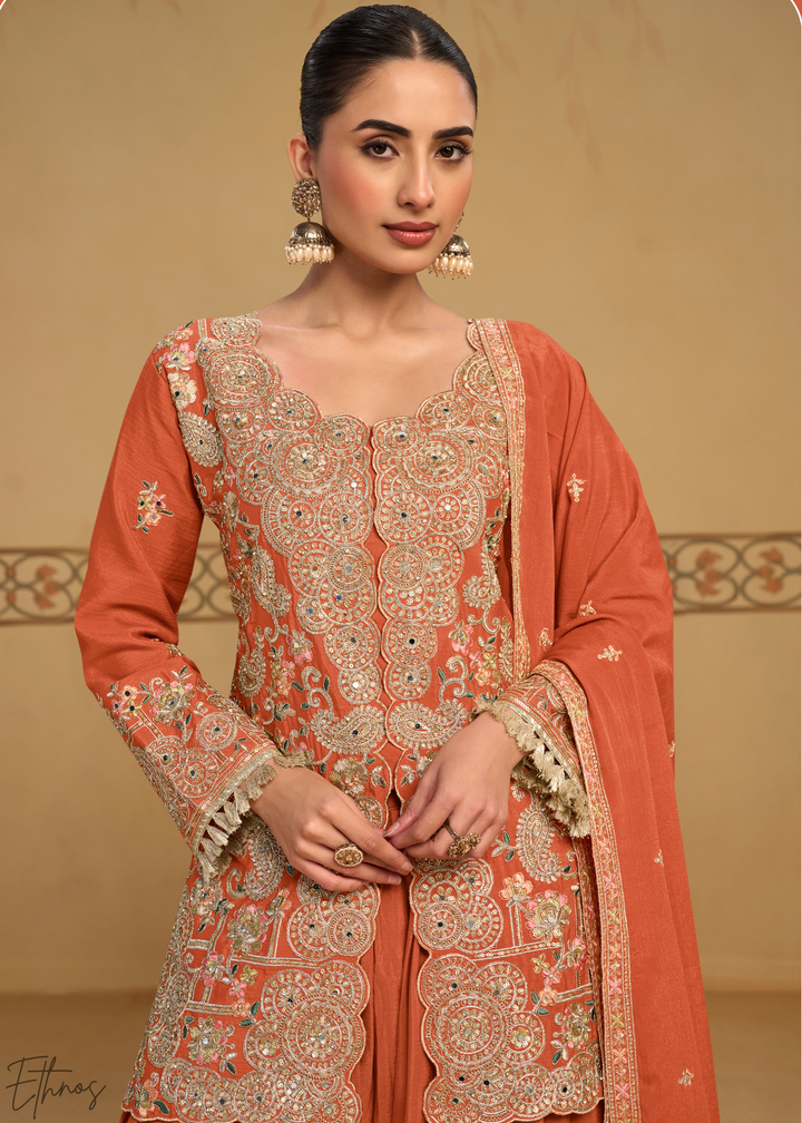 Rust Foliage Filigree Chinon Sharara Suit
