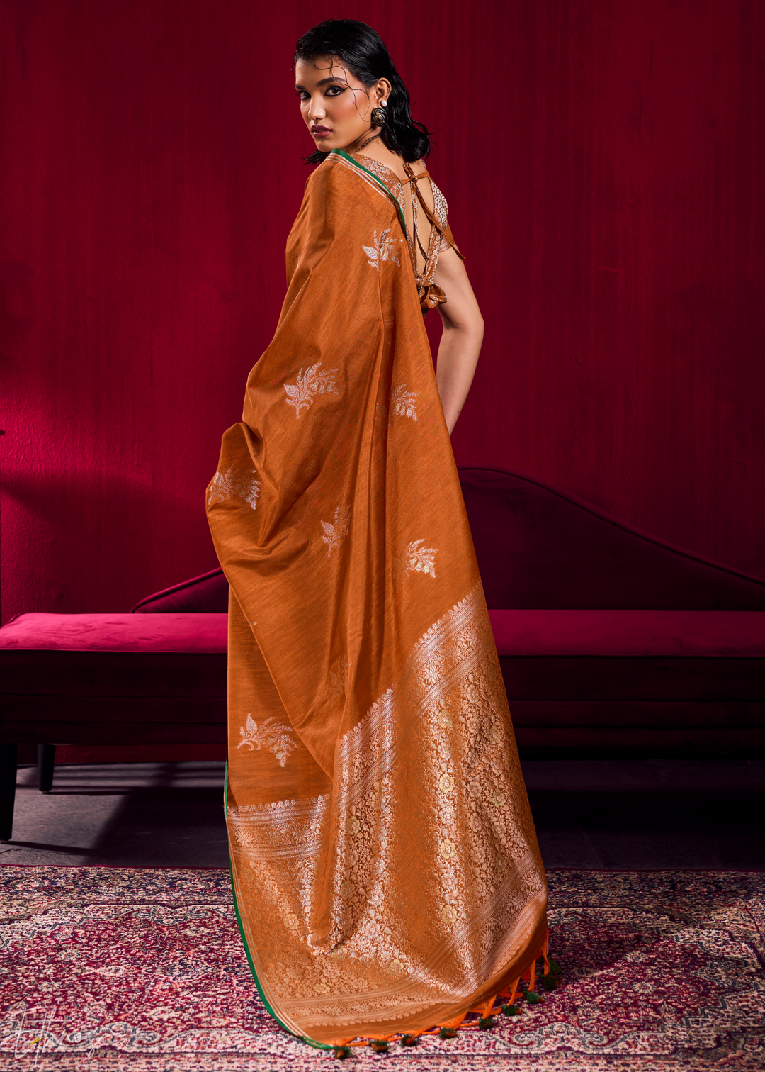 Rust Lotus Zari Satin Linen Silk Saree