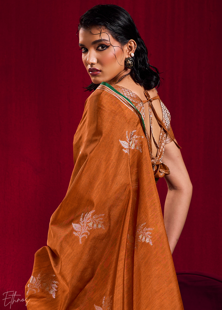 Rust Lotus Zari Satin Linen Silk Saree