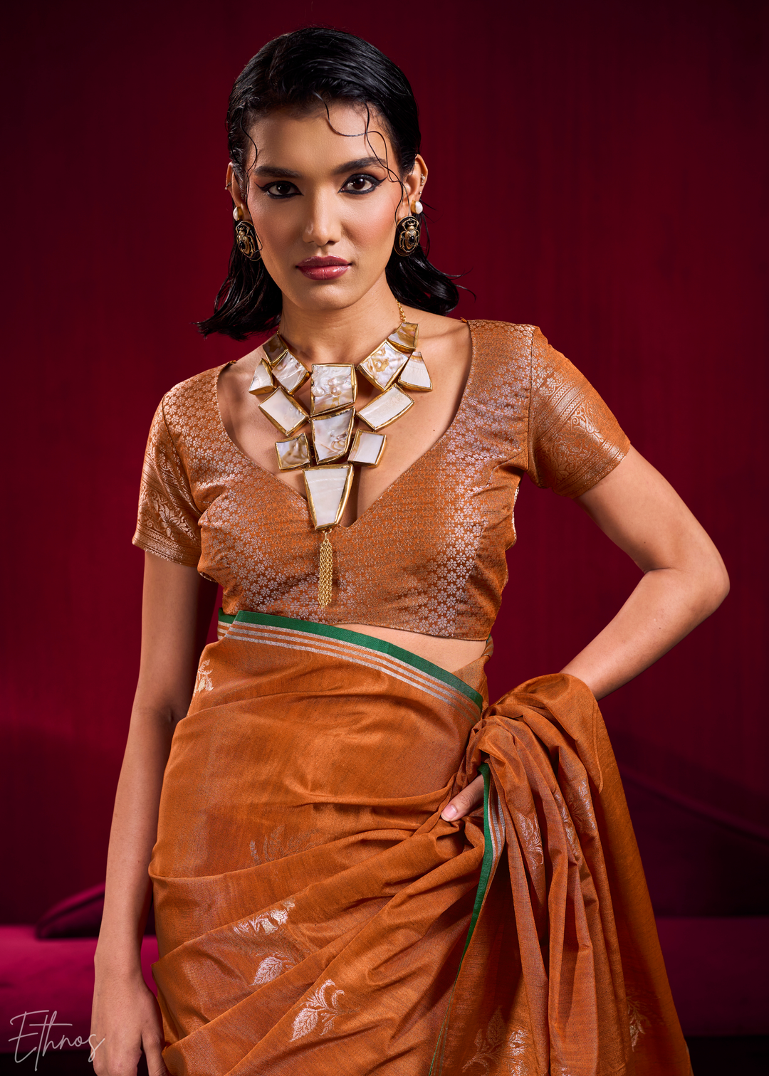 Rust Lotus Zari Satin Linen Silk Saree