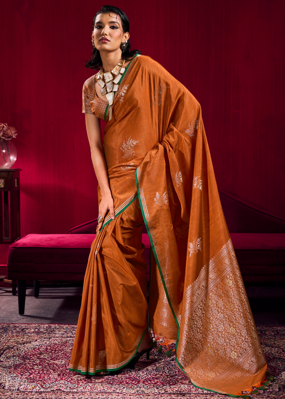 Rust Lotus Zari Satin Linen Silk Saree