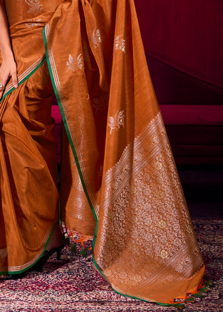 Rust Lotus Zari Satin Linen Silk Saree