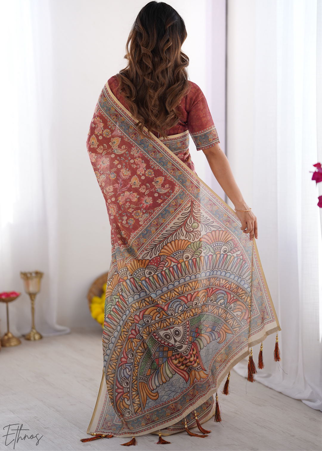 Rust & Maroon Heritage Art Cotton Linen Saree
