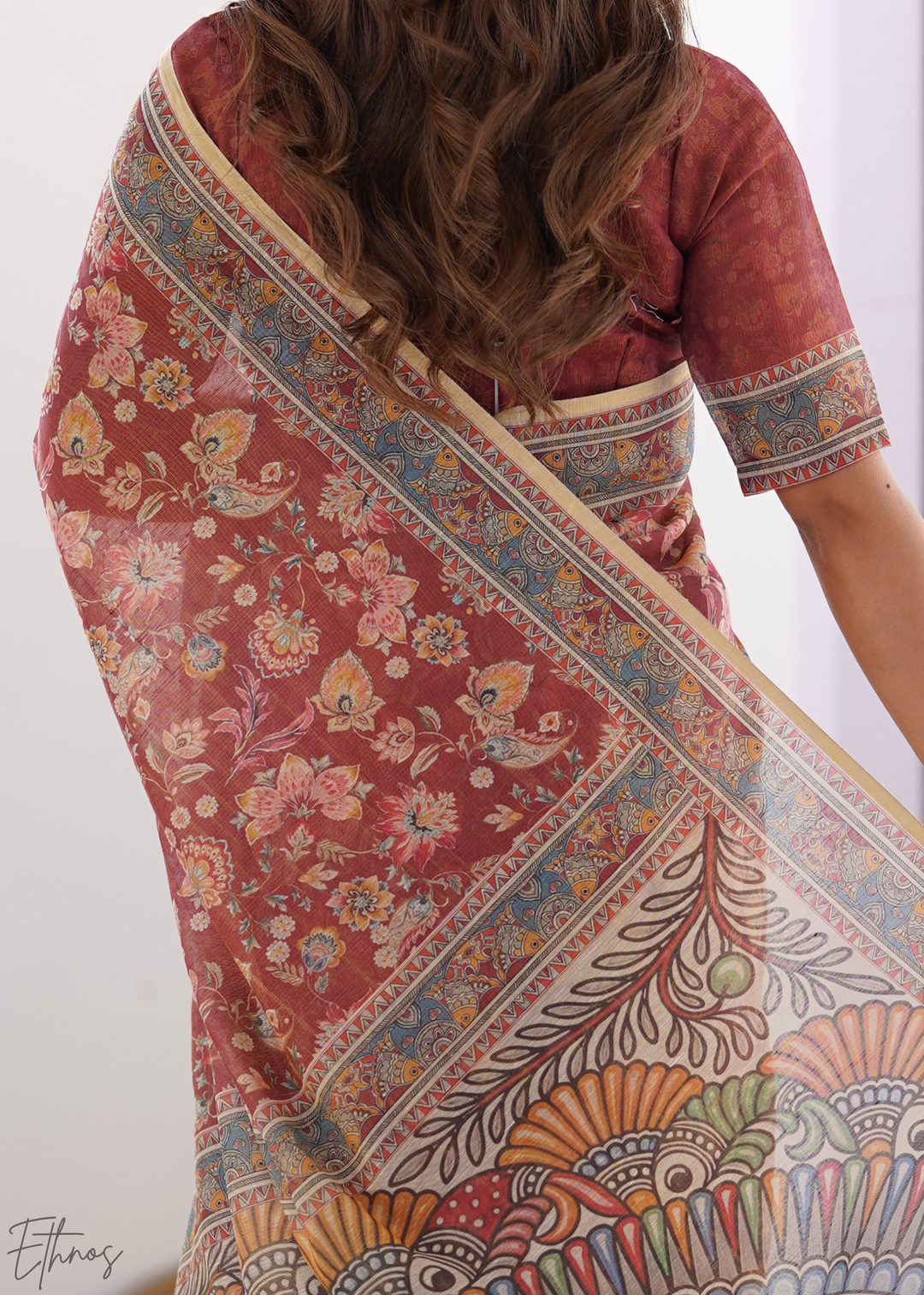 Rust & Maroon Heritage Art Cotton Linen Saree