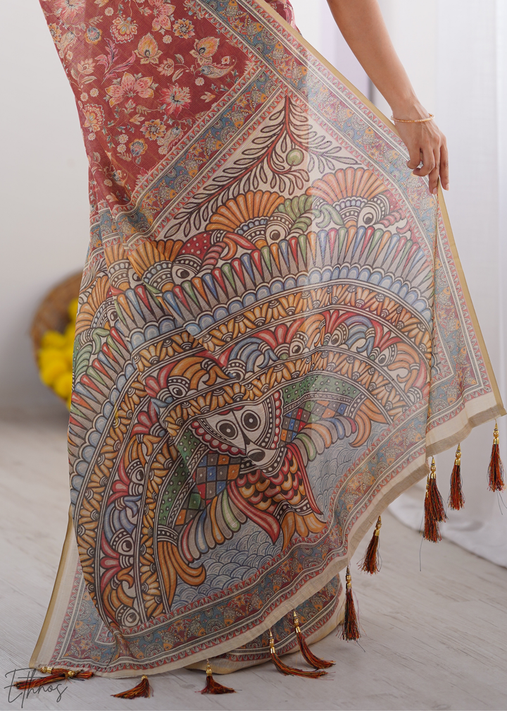 Rust & Maroon Heritage Art Cotton Linen Saree