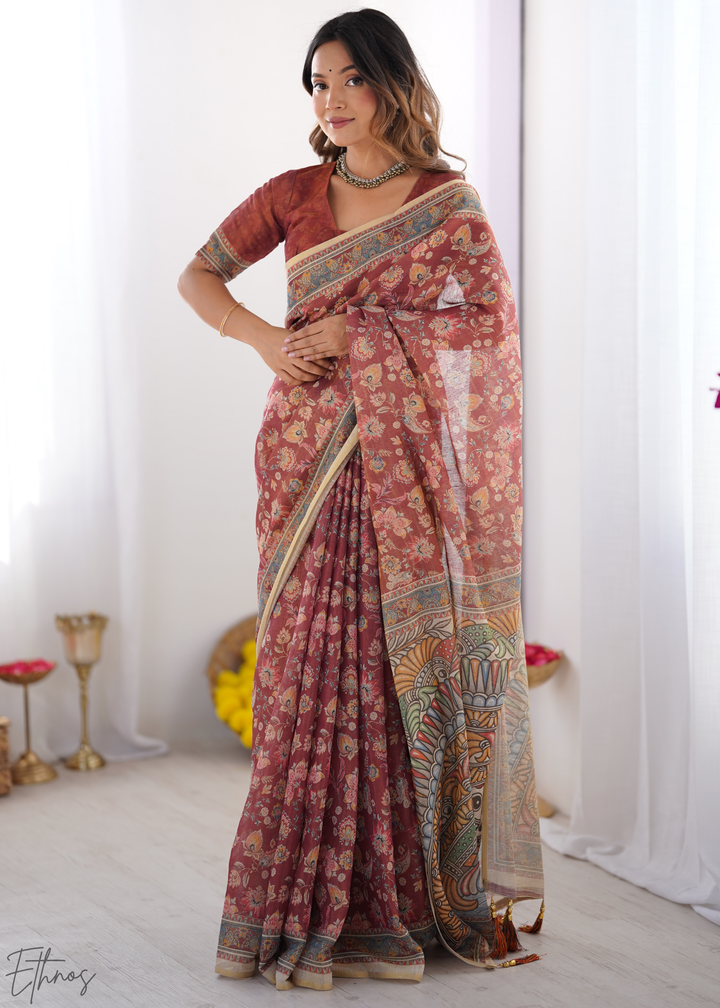 Rust & Maroon Heritage Art Cotton Linen Saree
