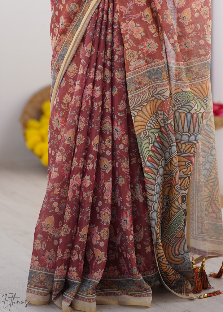 Rust & Maroon Heritage Art Cotton Linen Saree