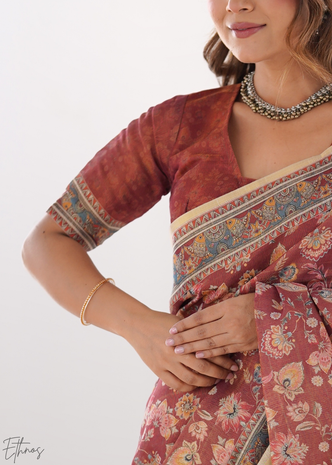 Rust & Maroon Heritage Art Cotton Linen Saree