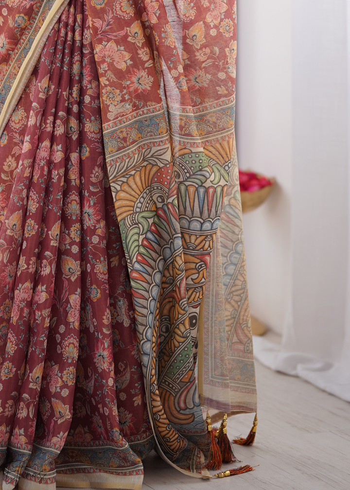 Rust & Maroon Heritage Art Cotton Linen Saree