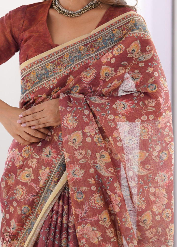 Rust & Maroon Heritage Art Cotton Linen Saree