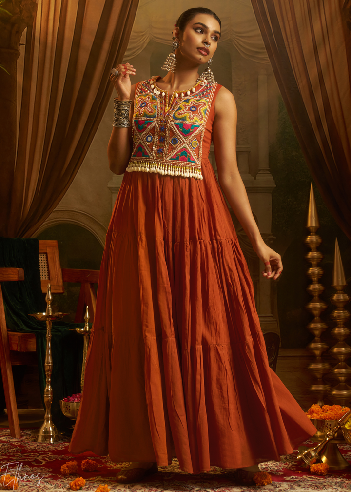 Rust Orange Colorful Geometric Embroidered Mul Cotton Tiered Gown