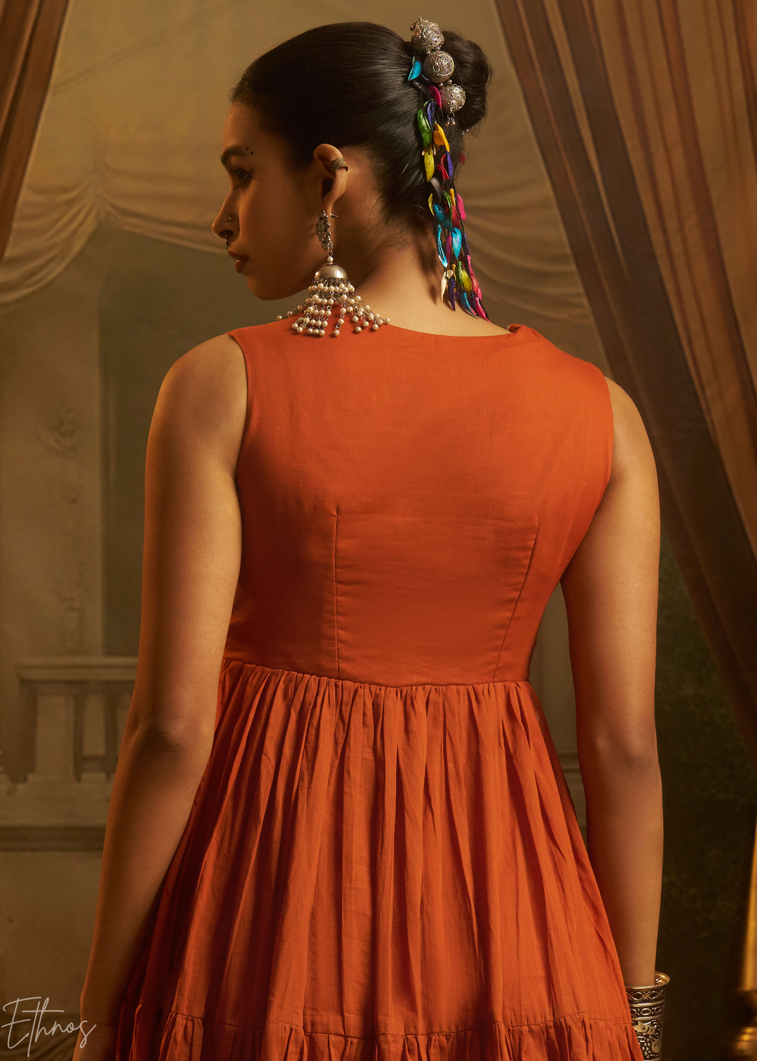 Rust Orange Colorful Geometric Embroidered Mul Cotton Tiered Gown