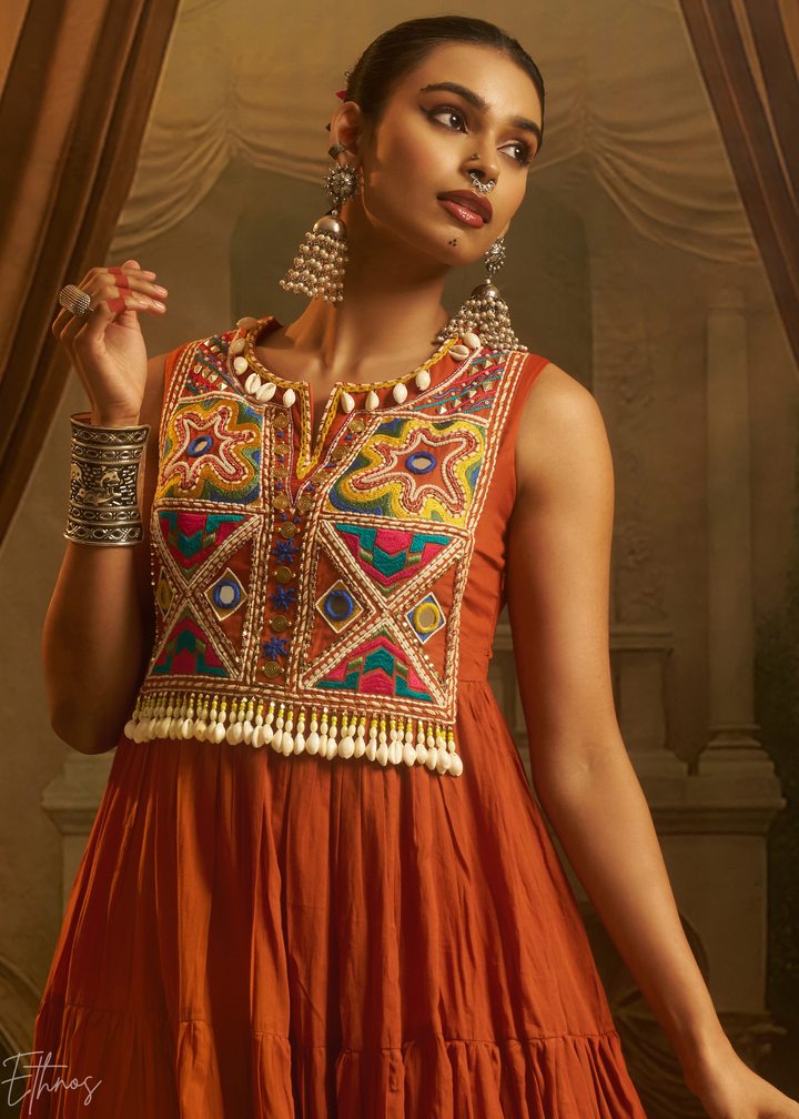 Rust Orange Colorful Geometric Embroidered Mul Cotton Tiered Gown