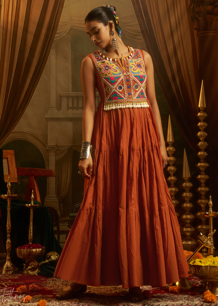 Rust Orange Colorful Geometric Embroidered Mul Cotton Tiered Gown