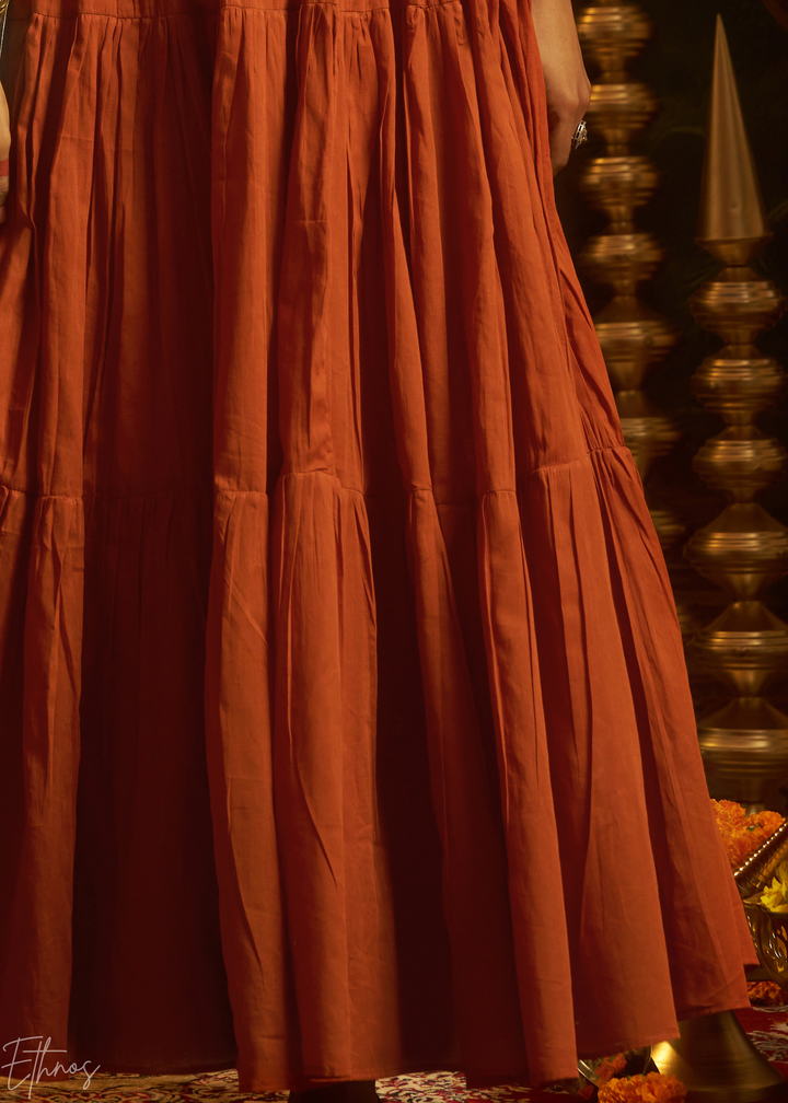 Rust Orange Colorful Geometric Embroidered Mul Cotton Tiered Gown