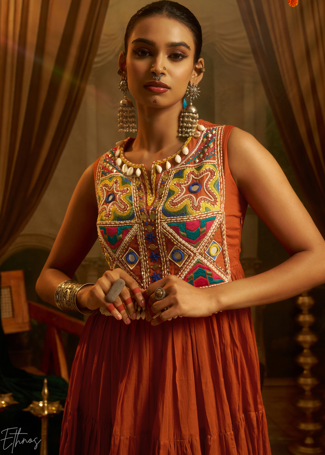 Rust Orange Colorful Geometric Embroidered Mul Cotton Tiered Gown