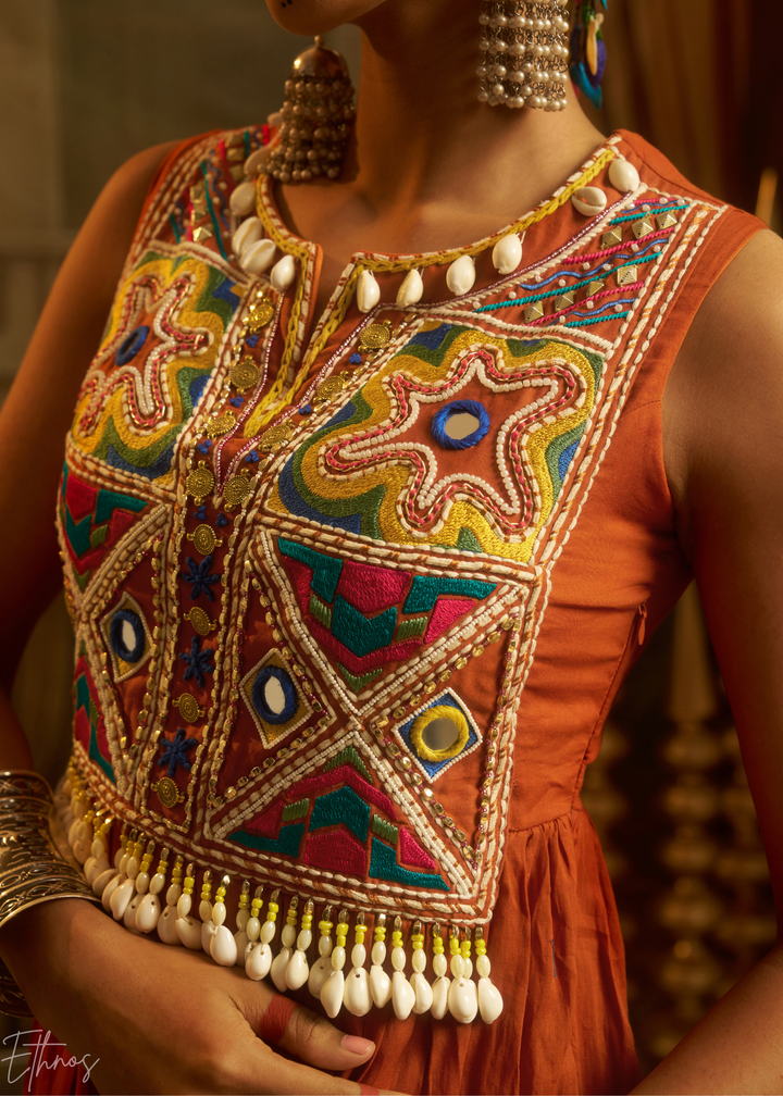 Rust Orange Colorful Geometric Embroidered Mul Cotton Tiered Gown