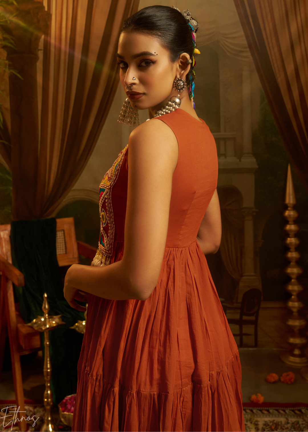 Rust Orange Colorful Geometric Embroidered Mul Cotton Tiered Gown