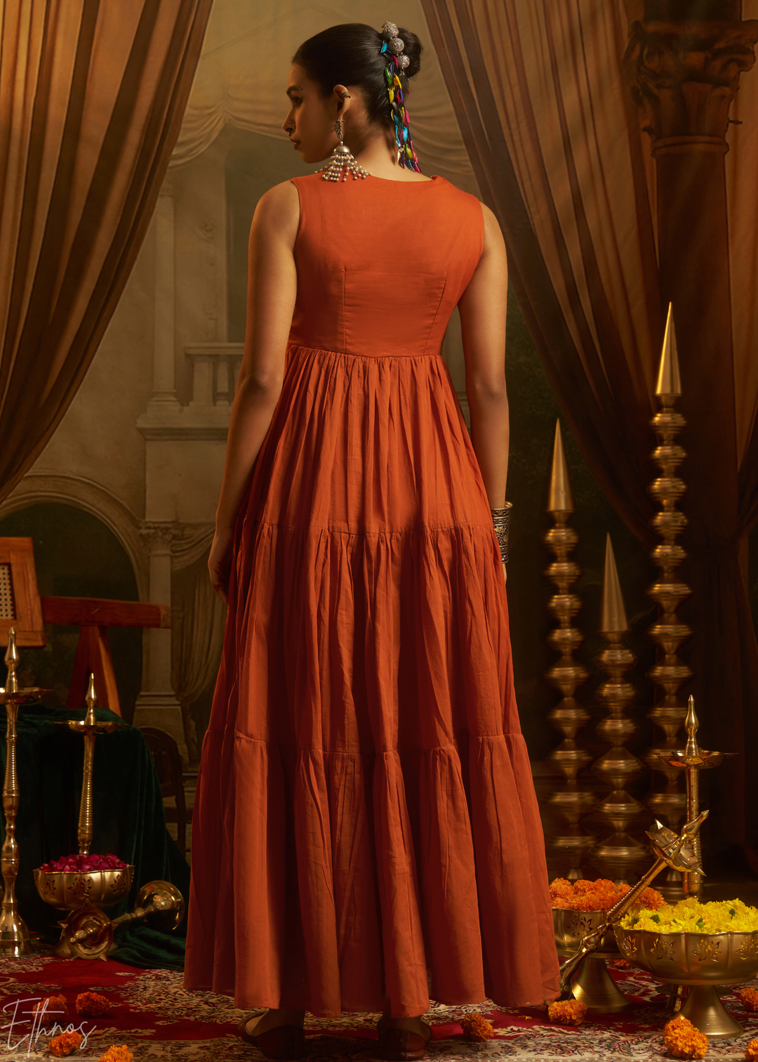 Rust Orange Colorful Geometric Embroidered Mul Cotton Tiered Gown