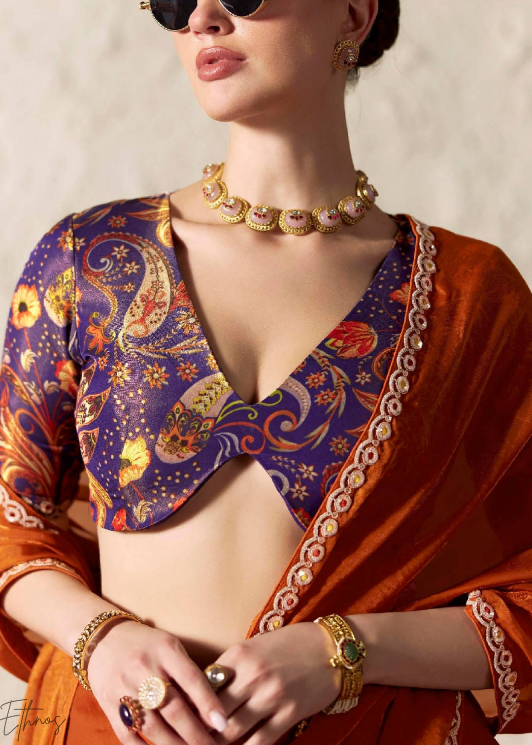 Rust Orange Embroidered Glass Tissue Designer Saree