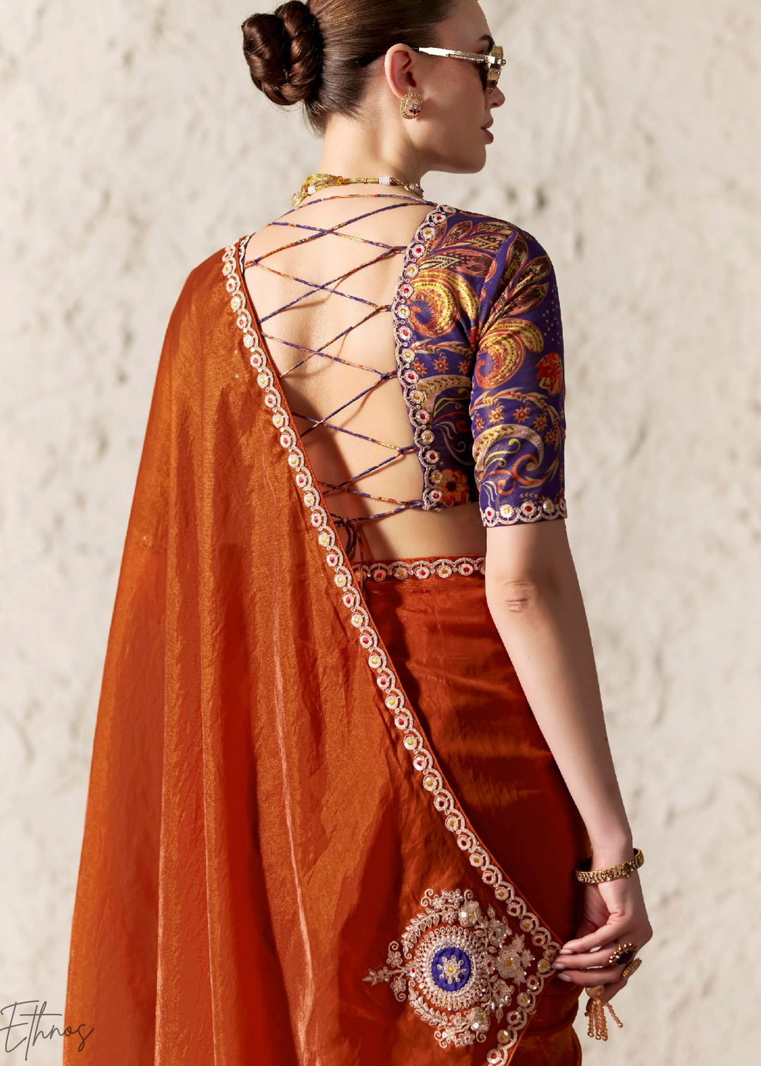 Rust Orange Embroidered Glass Tissue Designer Saree