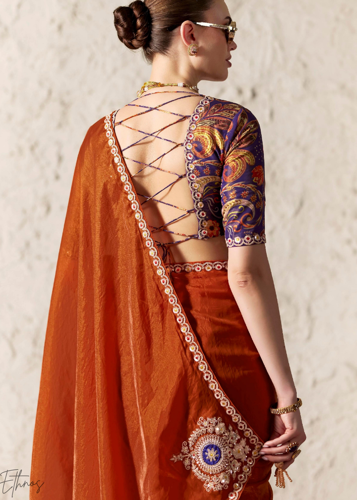 Rust Orange Embroidered Glass Tissue Designer Saree