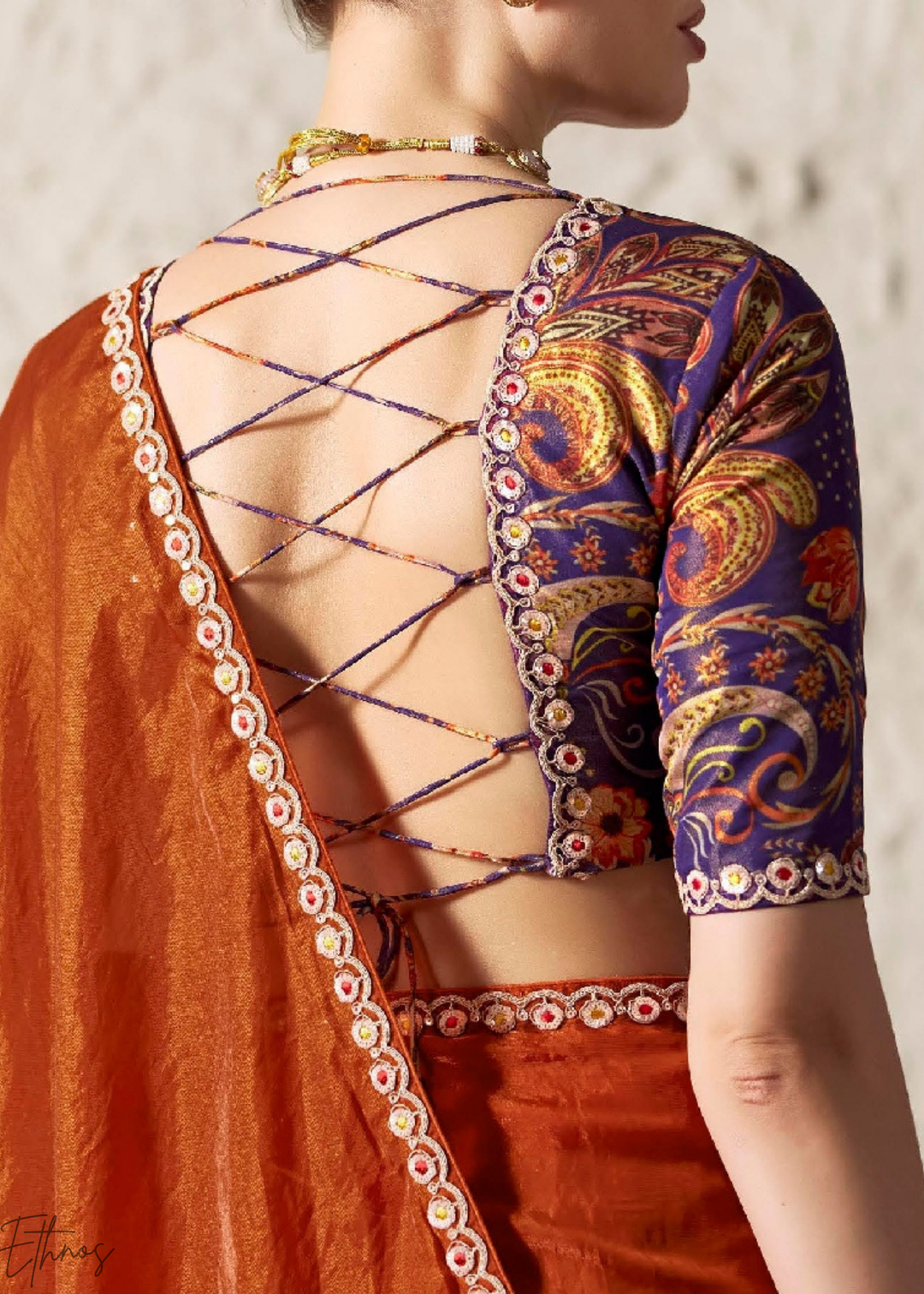 Rust Orange Embroidered Glass Tissue Designer Saree