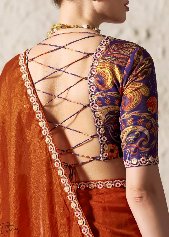 Rust Orange Embroidered Glass Tissue Designer Saree