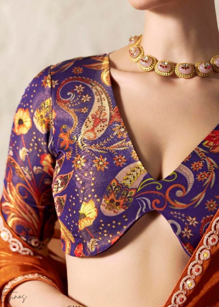 Rust Orange Embroidered Glass Tissue Designer Saree