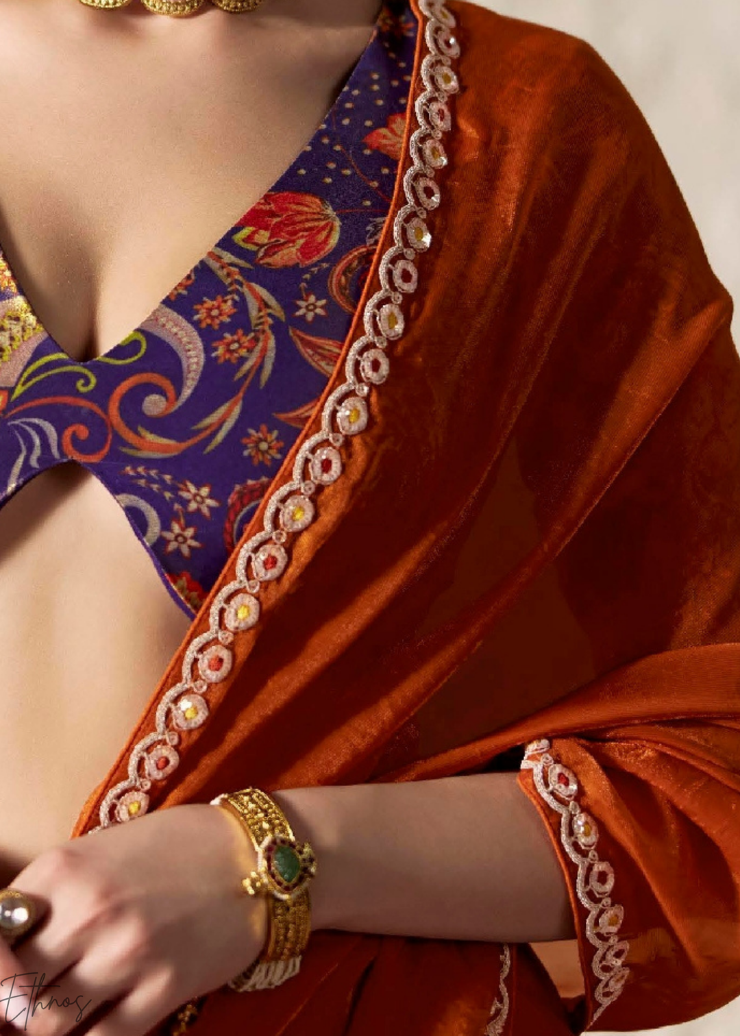 Rust Orange Embroidered Glass Tissue Designer Saree