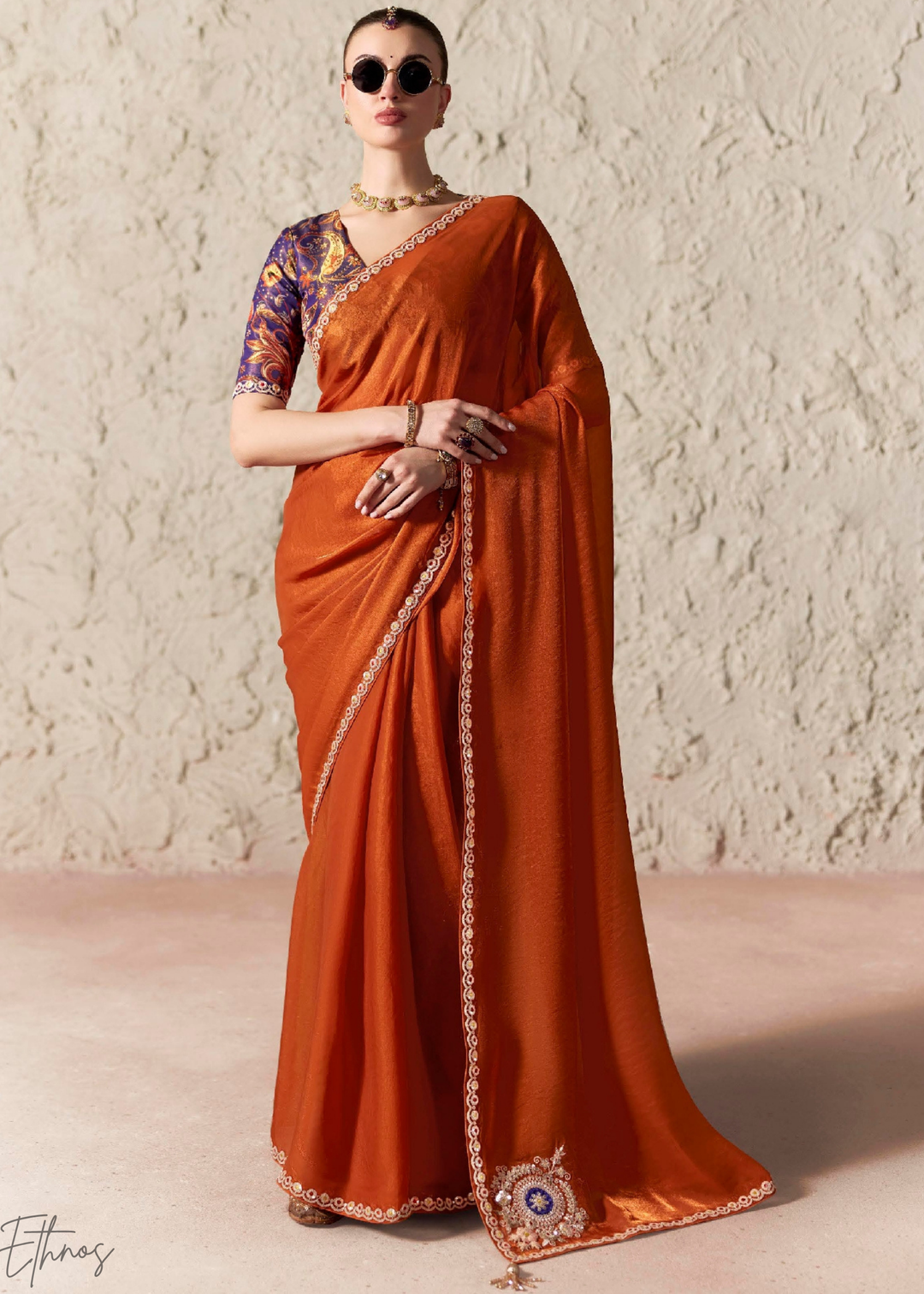 Rust Orange Embroidered Glass Tissue Designer Saree