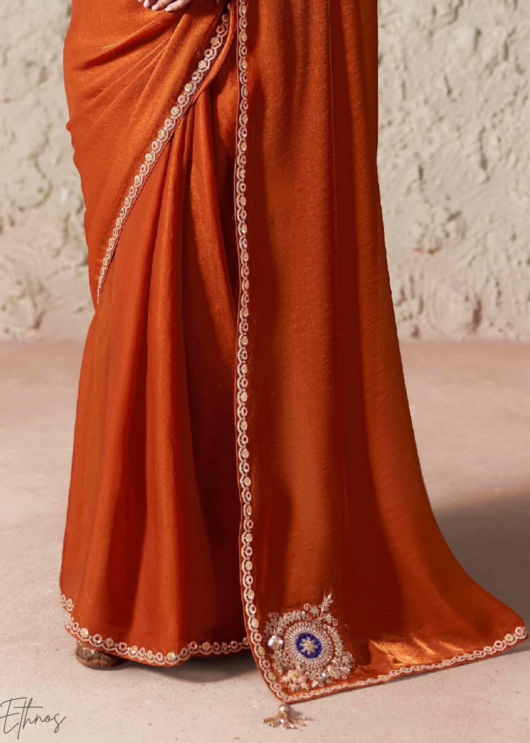 Rust Orange Embroidered Glass Tissue Designer Saree